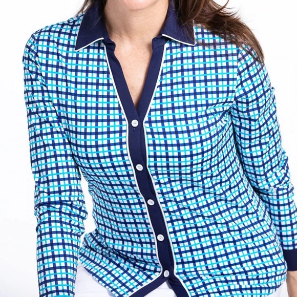Kinona | UPF 50+ Class Act Long Sleeve Golf Shirt Mediterranean Check - Picture 1 of 8
